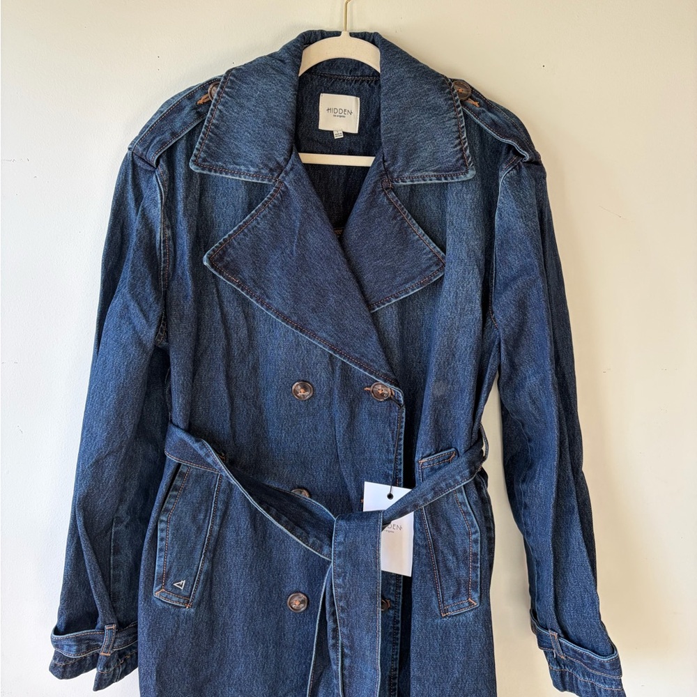 HIDDEN JEANS Devon Classic Denim Trench Coat Dark Wash Size Large - Picture 5 of 9